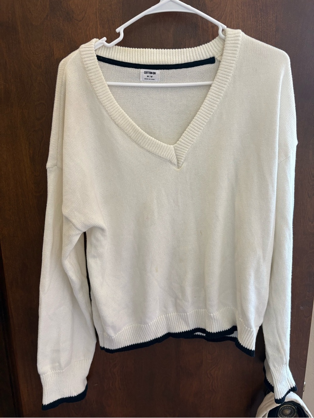 Cotton On Cream V-Neck Sweater with Navy Contrast Trim